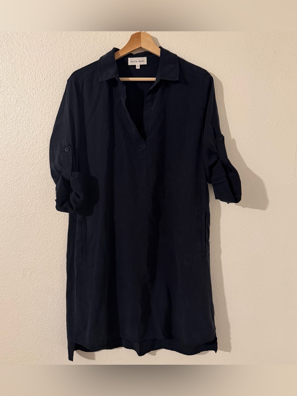 Bella Dahl Womens Black Tencel Lyocell Collared Roll Tab Sleeve Shirt Dress Med